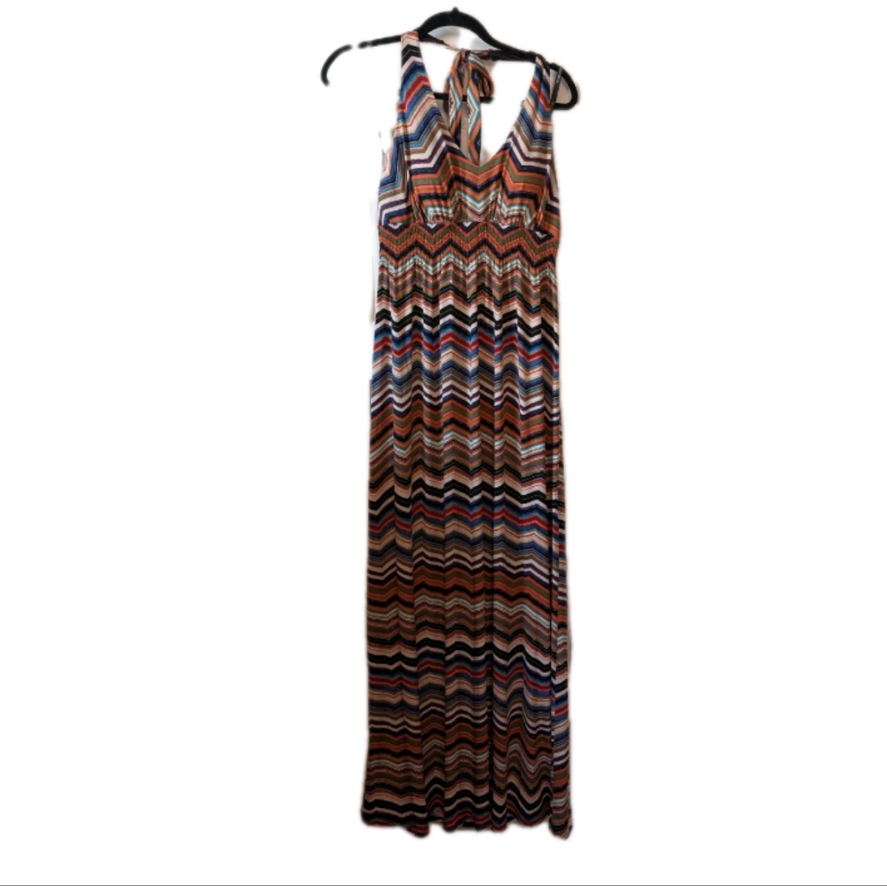 Y2K BISOU BISOU By MICHELLE BOHO HALTER MAXI DRESS Multicolor Striped Sz 14
